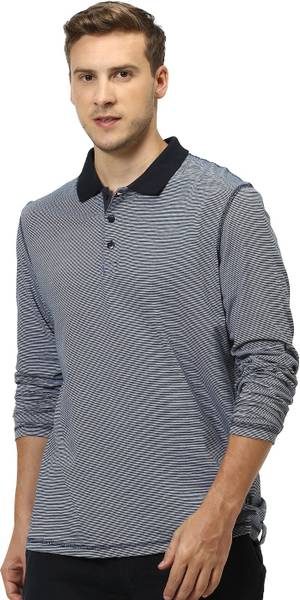 Celio Striped Men Polo Neck Dark Blue T-Shirt