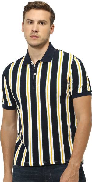 Celio Striped Men Polo Neck Dark Blue T-Shirt