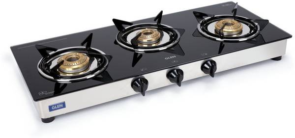 GLEN Rapid Glass SS 3 Burner LPG Stove Glass Manual Gas Stove