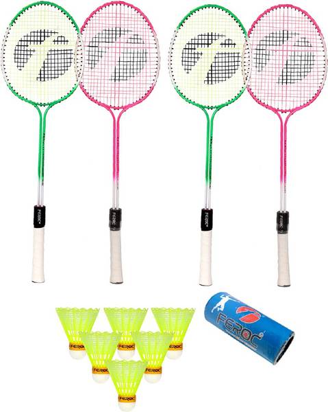 FEROC Swag Set of 4 Piece Badminton Racket with 6 Piece Nylon Shuttle Badminton Kit