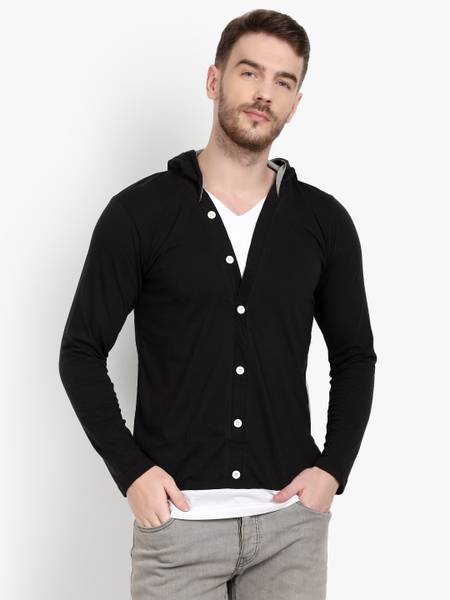 Solid men hooded on sale neck black t shirt
