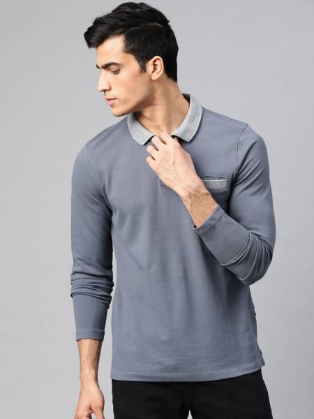 Roadster Solid Men Polo Neck Grey T-Shirt