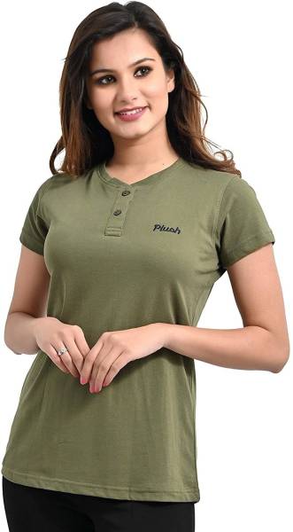 plush Solid Women Henley Neck Green T-Shirt