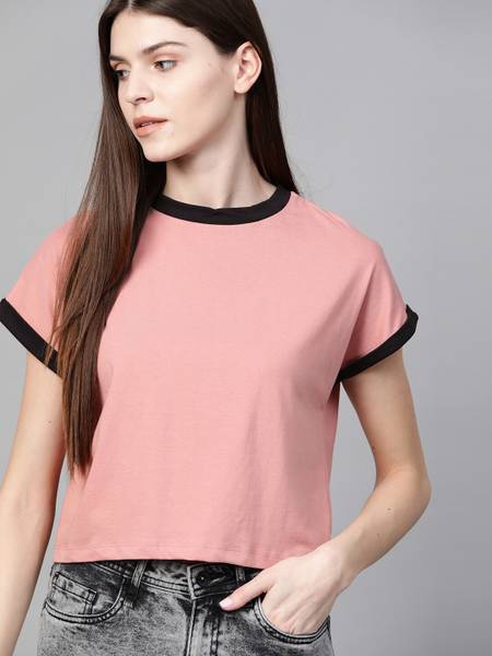 Roadster Solid Women Round Neck Pink T-Shirt