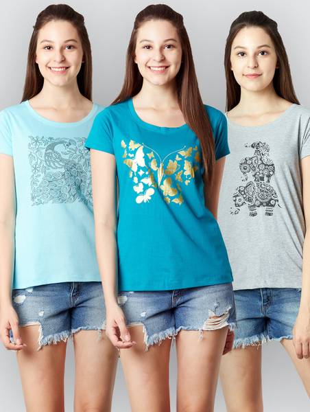 LAYA Printed Women Round Neck Multicolor T-Shirt