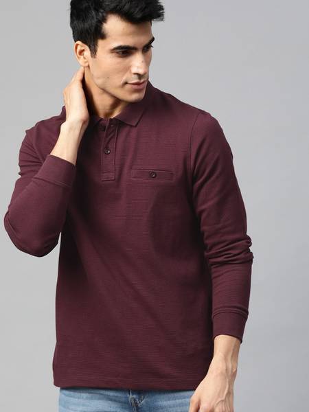 Roadster Self Design Men Polo Neck Maroon T-Shirt