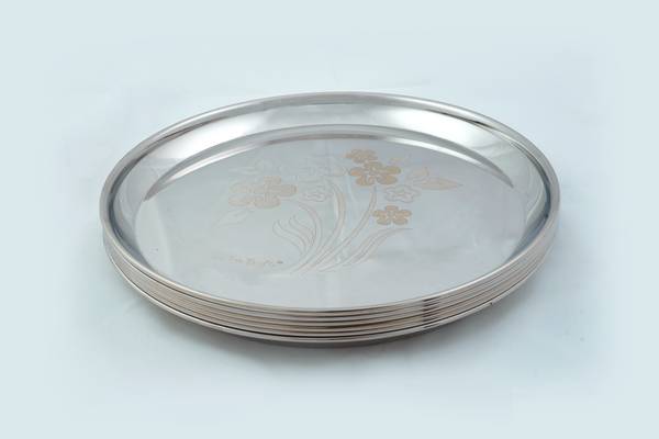 Kitchen Krafts Pack of 6 Stainless Steel 6 Piece Floral Laser Touch Kanchan Full Plate (Thali - 14") (Bidding) Dinner Set