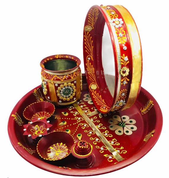 Dhandevi textiles Stainless Steel Karwa Chauth 7 Pieces Decorative Pooja Thali Set ( Red) ( Thali Size 9'') Steel