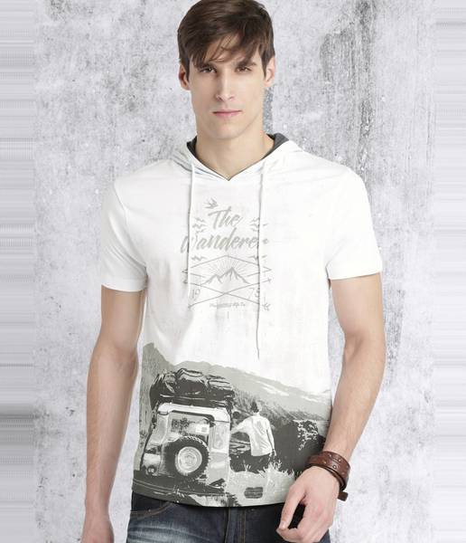 Roadster Printed Men Hooded Neck White T-Shirt