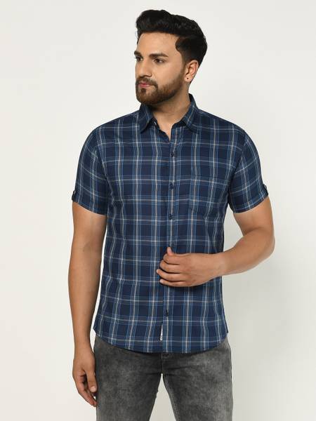 Apuesto Men Checkered Casual Dark Blue Shirt