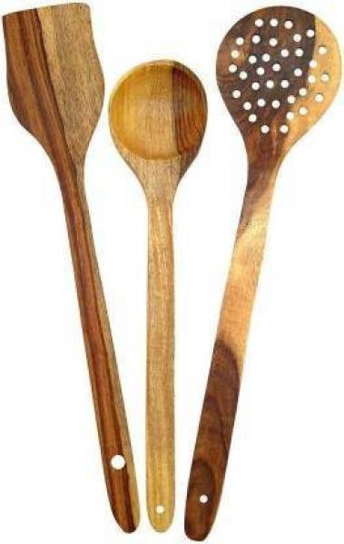 Smarts collection HANDICRAFTS WOODEN NON STICK SPOON SET OF 3 FOR SERVING AND COOKING KITCHEN TOOLS Wooden Wooden Spoon Set (Pack of 3) Kitchen Tool S...