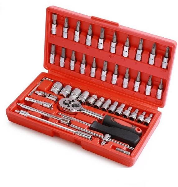DRONA 46Pcs Multi-Purpose 1/4"inch Ratchet Socket Spannar Wrench Set with Extension Rod for Automobiles/Bike/Car Repair Tools Kit Socket Set Socket Se...