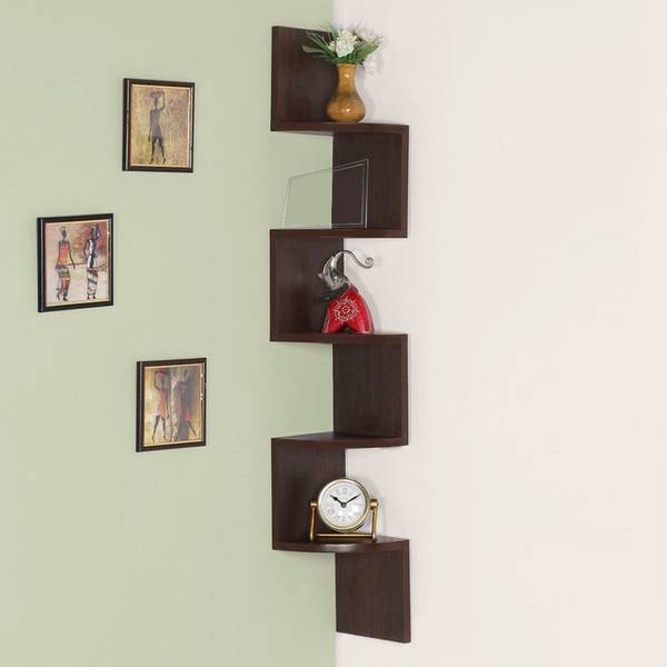 KSF Wooden Zig-Zag Corner Wall Mount Corner Shelf (Color-Brown) (Number Of Shelf-5) Wooden Wall Shelf