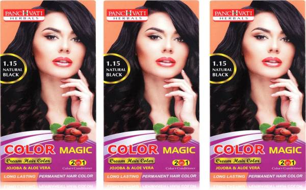 panchvati 2 in 1 Hair Color With Color+ Conditioner Formula For Women Natural Black 1.5 (Pack of 3) , Black