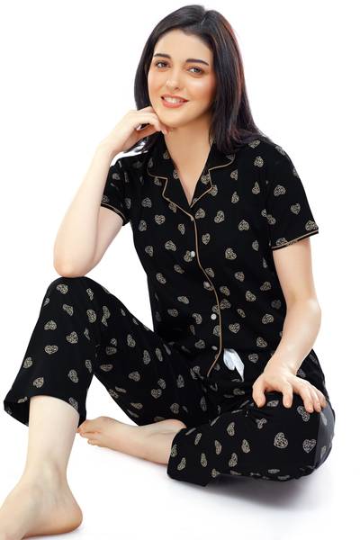 ZEYO Women Printed Black Shirt & Pyjama set