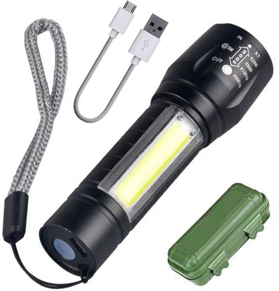 FGHC Mini 2in1 Waterproof Laser LED Metal Body Rechargeable 3 Mode Zoomable Flashlight Torch Table Lamp COB Outdoor Lamp Search Light 9W USB Charging ...