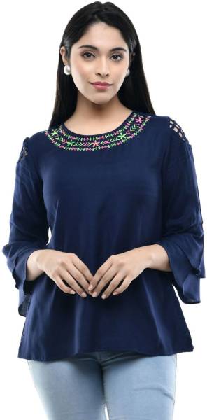 Maahi Casual 3/4 Sleeve Embroidered Women Dark Blue Top