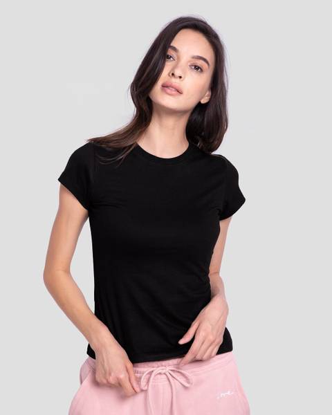 Trends Tower Solid Women Round Neck Black T-Shirt