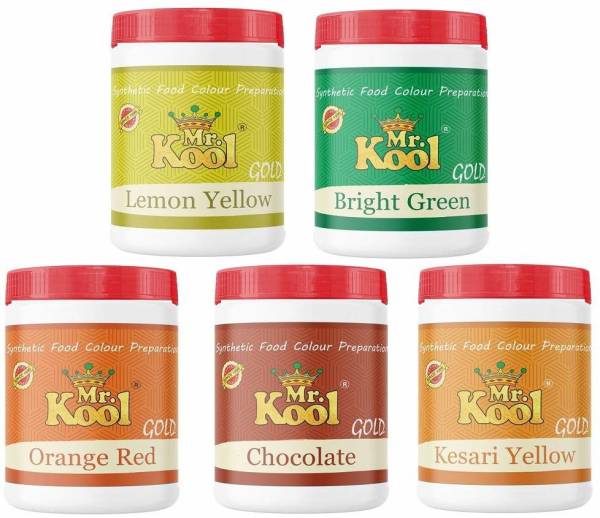 Mr.Kool Artificial Food Color Set of 5 (20 gm x 5 ) Chocolate, Lemon Yellow, Orange Red, Bright Green, Kesari Yellow, Yellow, Orange, Green, Red, Grey