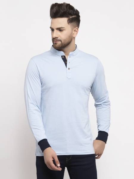 KALT Colorblock Men Mandarin Collar Light Blue T-Shirt