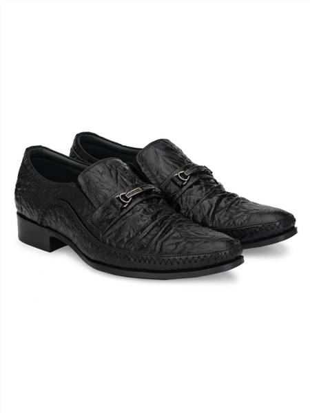 Hitz Black Leather Slip On Semi-Formal Shoes Loafers For Men