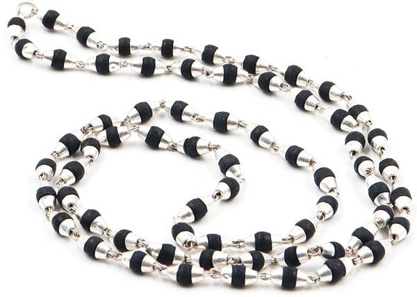 Parashara Arkam Silver Capped Black Tulsi Mala/ 100% Natural Tulsi Mala with Silver Capping/ Original Tulsi mala set in Silver (Size: 3mm, Length: 24 ...