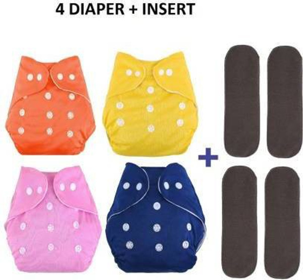 kogar Washable Reusable Adjustable Cloth Diaper Nappy For New Born (4Diaper+4Insert Black)