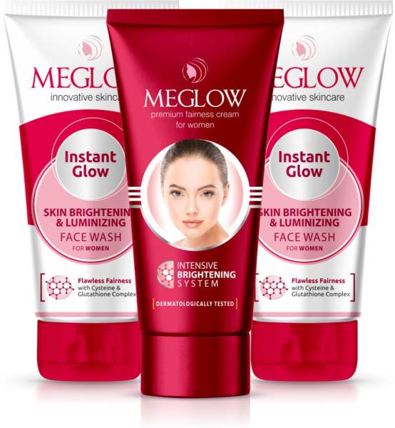 meglow Premium Fairness Cream (1x50g) + Instant Glow Skin Brightening Facewash (2x70g) Women Fairness Combo