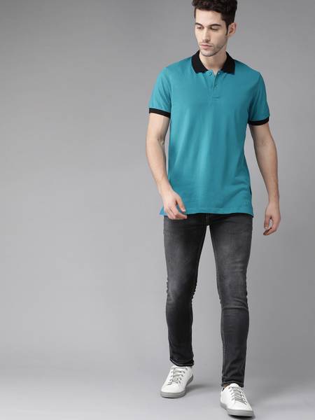 Roadster Solid Men Polo Neck Blue T-Shirt