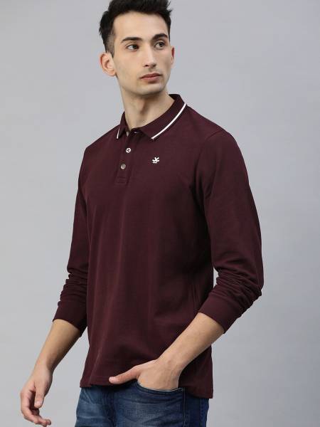 WROGN Solid Men Polo Neck Maroon T-Shirt