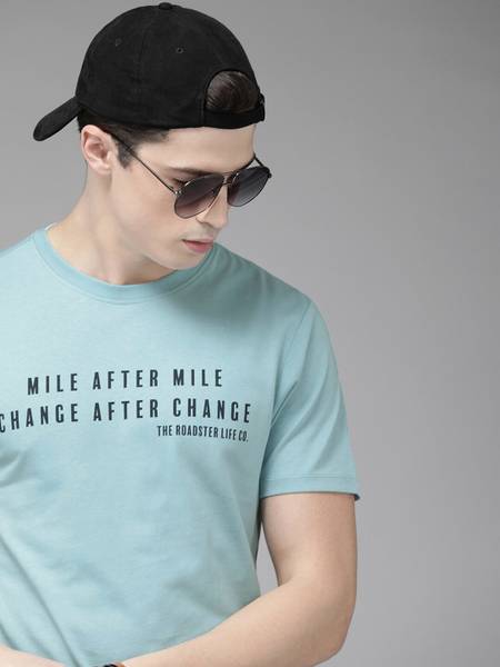 Roadster Printed Men Round Neck Blue T-Shirt