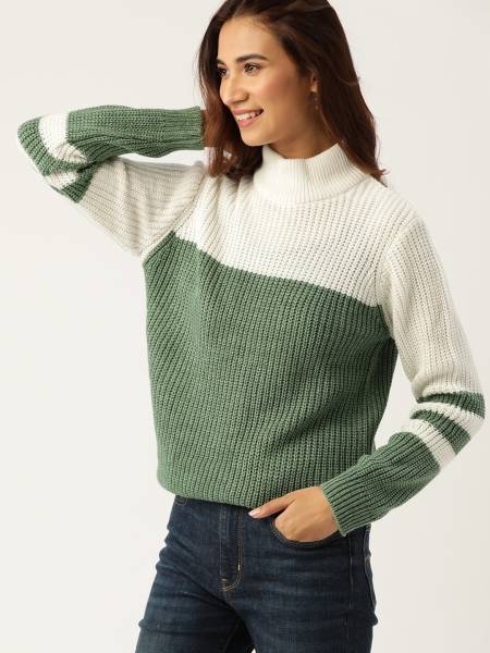 Dressberry Self Design Round Neck Casual Women Dark Green Sweater