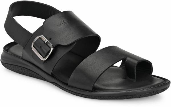 Hitz Black Leather Toe Ring Sandals with Buckle Closure Men Black Sandals