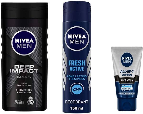 NIVEA Men Deep Impact Shower Gel 250 Ml , Men Fresh Active Deodorant Spray 150 ML , All In One Charcoal Face Wash 50 Ml #339