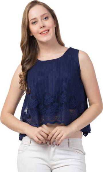 ADDICTED ATTIRE Casual Sleeveless Lace Women Blue Top