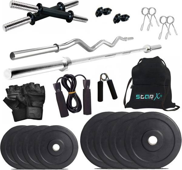 STARX 40 kg Rubber weight Plates with 3ft Curl Rod and 5ft Straight Rod and Accessories Home Gym Combo