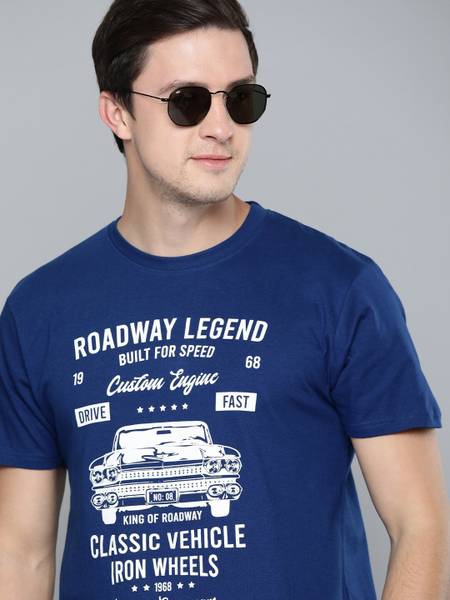 HERE&NOW Printed Men Round Neck Blue T-Shirt