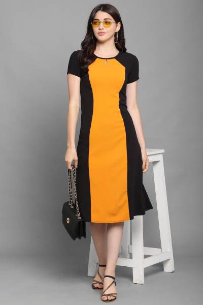 PURVAJA Women A-line Yellow, Black Dress