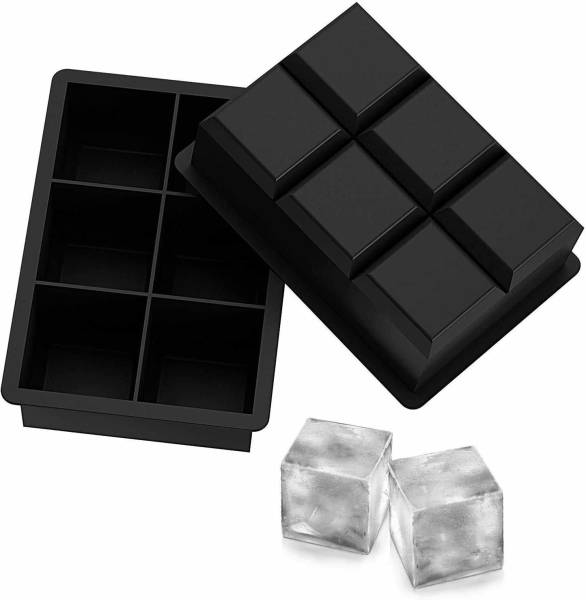 Zeinwap 6 Cavity Large Size Flexible Ice Cube Square Molds for Whiskey and Cocktails Black Silicone Ice Cube Tray