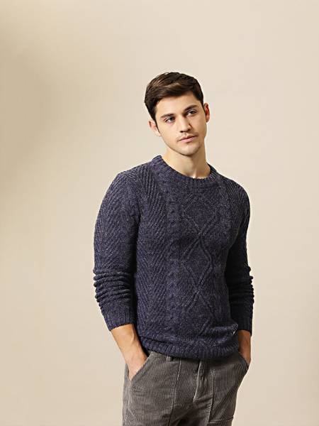 Mr Bowerbird Self Design Round Neck Casual Men Dark Blue Sweater