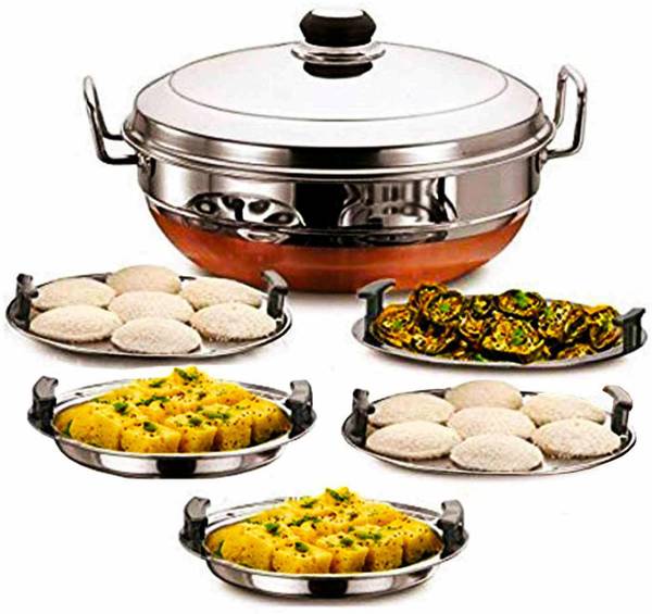 Jericon All-in-One Stainless Steel Idli Cooker Multi Kadai Steamer with Copper Bottom, Big Size with 5Plates 2Idli; 2 Dhokla; 1 Patra Induction & Stan...