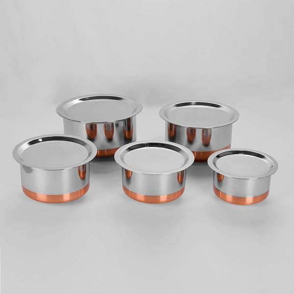 Strobine Tope/Patila/Tapeli Fry Bowl Kadhai 5 Piece Stainless Steel Copper Bottom Tope Set Combo Serving Cookware Kitchen Serving,(Kitchen Wear,Home A...