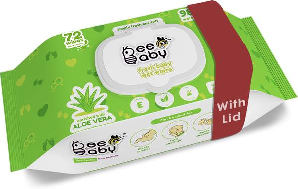 Beebaby Fresh Aloe Vera Baby Wet Wipes with Lid - 1 Pack of 72 Wipes