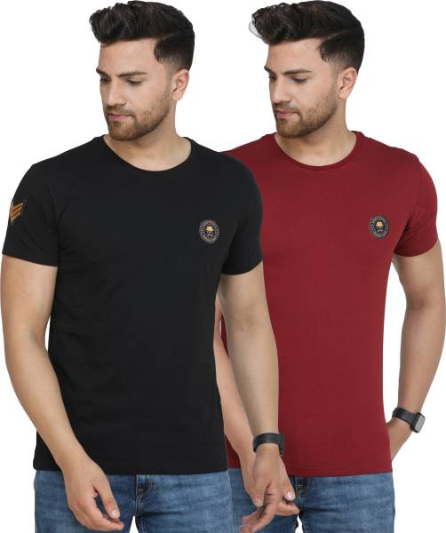 COUNTRY YARD Solid Men Round Neck Maroon, Black T-Shirt