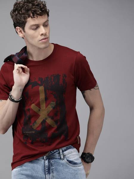 Roadster Printed Men Round Neck Maroon T-Shirt