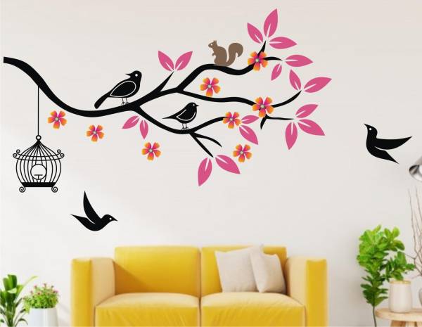 Heaven Decors 65 cm Birds On Tree Branch With pink Leaves And Birdcage Wall Sticker ( ideal size on wall: 120 cm x 65 cm ),Multicolour Self Adhesive S...
