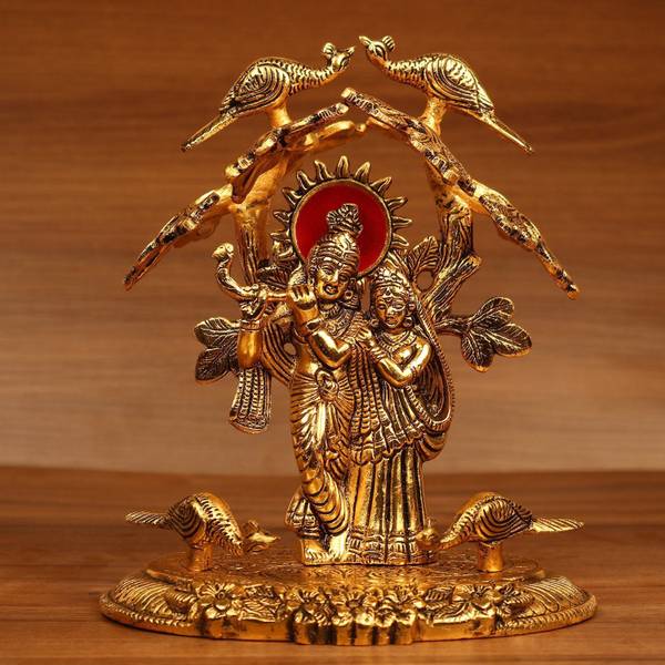 KridayKraft Radha Krishna Standing Playing Flute Under Tree idol Metal Statue Gold Antique Finish for Pooja & Home,Office Decorative,Radha Krishna Mur...