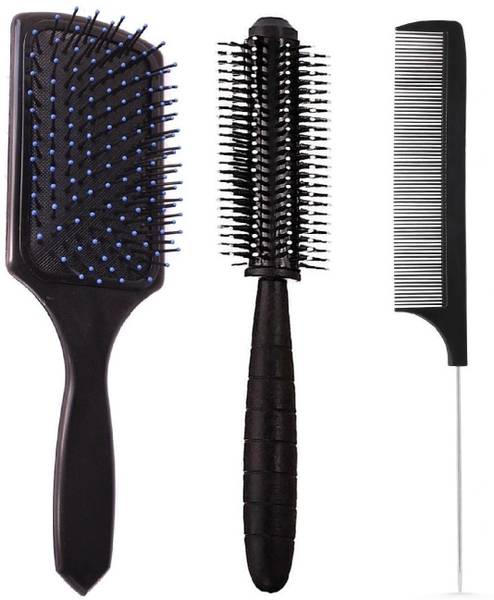 E-DUNIA Professional Smart Look Big Hair Paddle Rectangular Cushion Brush (1) & Hair Brush For Blow Drying Roller Hair Brush (1) & Black Carbon Rat ta...