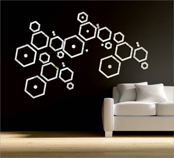 wall1ders 120 cm HEXAGON SHAPE 40 Pieces Silver 3D Acrylic 3D Mirror 3D Wall sticker (Pack of 40) Self Adhesive Sticker