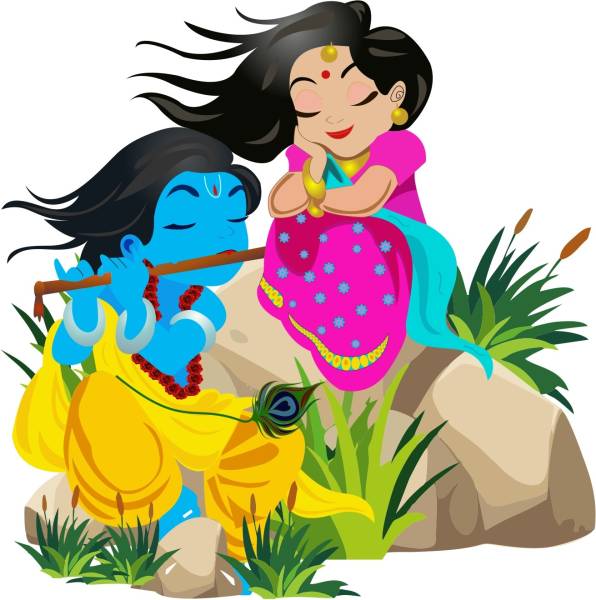 Creatick Studio 91 cm Animated Lord Krishna Playing Flute with Radha wall sticker Self Adhesive Sticker